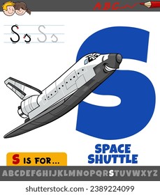 Educational cartoon illustration of letter S from alphabet with space shuttle character