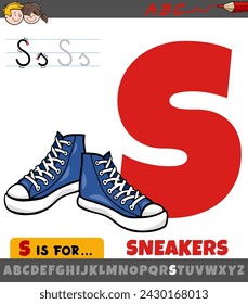 Educational cartoon illustration of letter S from alphabet with sneakers shoes
