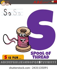 Educational cartoon illustration of letter S from alphabet with spool of thread