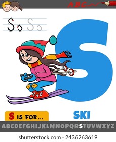 Educational cartoon illustration of letter S from alphabet with ski winter sport