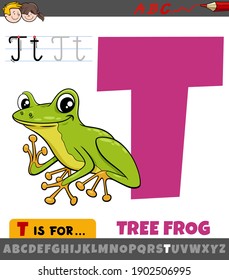 Educational cartoon illustration of letter T from alphabet with tree frog animal character for children 