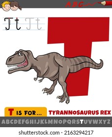Educational cartoon illustration of letter T from alphabet with Tyrannosaurus Rex character