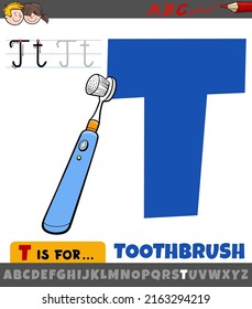 Educational cartoon illustration of letter T from alphabet with toothbrush object