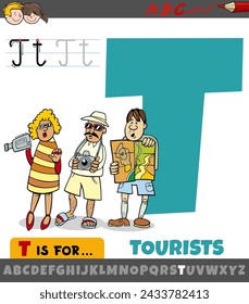 Educational cartoon illustration of letter T from alphabet with tourists characters