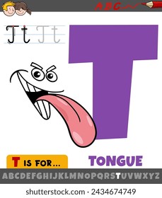 Educational cartoon illustration of letter T from alphabet with tongue