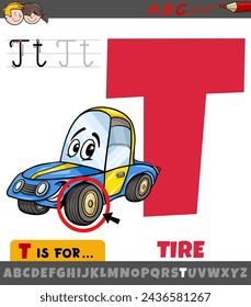 Educational cartoon illustration of letter T from alphabet with tire object