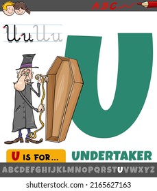 Educational cartoon illustration of letter U from alphabet with undertaker character