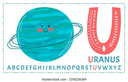 Educational cartoon illustration of letter U from alphabet with Uranus planet character