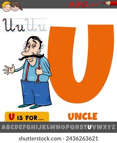 Educational cartoon illustration of letter U from alphabet with uncle character