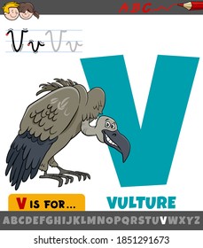 Educational Cartoon Illustration of Letter V from Alphabet with Vulture Bird Animal Character for Children 