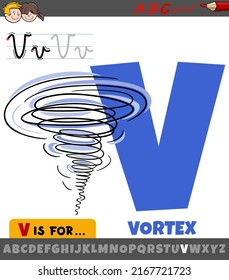 Educational cartoon illustration of letter V from alphabet with vortex word