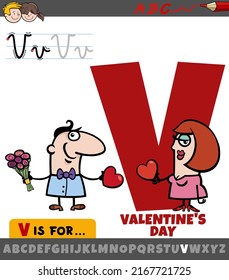 Educational cartoon illustration of letter V from alphabet with Valentine's Day