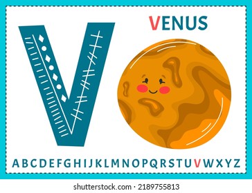 Educational cartoon illustration of letter V from alphabet with Venus planet character