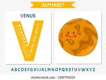 Educational cartoon illustration of letter V from alphabet with Venus planet character