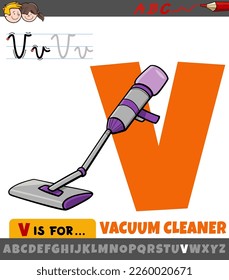 Educational cartoon illustration of letter V from alphabet with vacuum cleaner