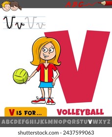 Educational cartoon illustration of letter V from alphabet with volleyball sport