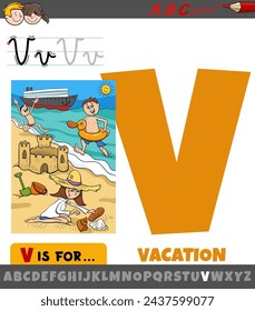 Educational cartoon illustration of letter V from alphabet with vacation word