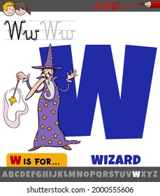 Educational cartoon illustration of letter W from alphabet with wizard fantasy characters