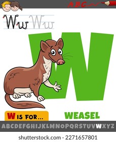 Educational cartoon illustration of letter W from alphabet with weasel animal character