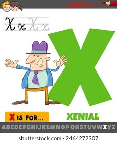 Educational cartoon illustration of letter X from alphabet with xenial phrase