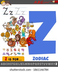 Educational cartoon illustration of letter Z from alphabet with zodiac signs for children 