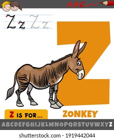 Educational cartoon illustration of letter Z from alphabet with zonkey animal character for children 