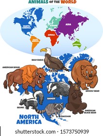 Educational Cartoon Illustration of North American Animals and World Map with Continents