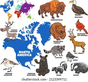 Educational cartoon illustration of North American animal characters set and world map