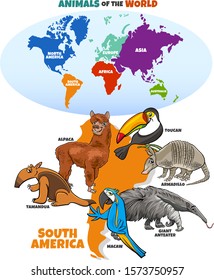 Educational Cartoon Illustration of South American Animals and World Map with Continents