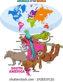 Educational cartoon illustration of South American animals and world map with continents