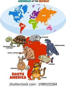 Educational cartoon illustration of South American animal species and world map with continents