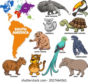 Educational cartoon illustration of South American animal characters set and world map with continents shapes