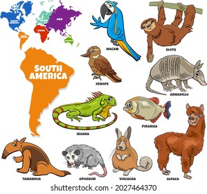 Educational cartoon illustration of South American animal species set and world map with continents shapes