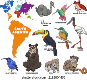 Educational cartoon illustration of South American animal species characters set and world map with continents shapes