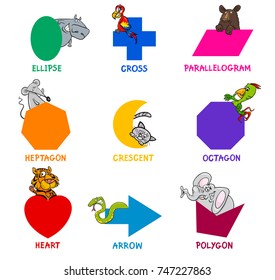 Educational Cartoon Vector Illustration of Basic Geometric Shapes with Captions and Animal Characters for Kids