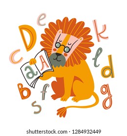 Educational Cartoon Vector Illustration Hand drawn English letters. Alphabet with Lion. Animal Character for children design.