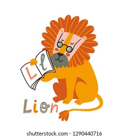 Educational Cartoon Vector Illustration Hand drawn English letter L. Alphabet with Lion. Animal Character for children design.