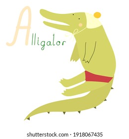 Educational Cartoon Vector Illustration Hand drawn English letter A. Alphabet with Alligator. Animal Character for children design.