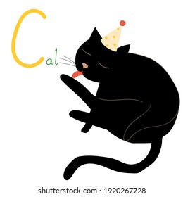 Educational Cartoon Vector Illustration Hand drawn English letter C. Alphabet with cat. Animal Character for children design.