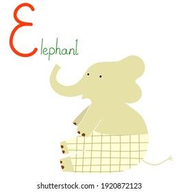 Educational Cartoon Vector Illustration Hand drawn English letter E. Alphabet with elephant. Animal Character for children design.