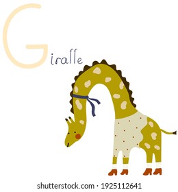 Educational Cartoon Vector Illustration Hand drawn English letter G. Alphabet with giraffe. Animal Character for children design.