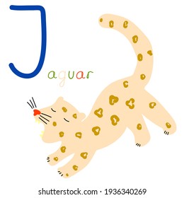 Vector de dibujos animados educativos Ilustración Hand dibujó la letra en inglés J. Alfabeto con Jaguar. Carácter animal para diseño infantil.