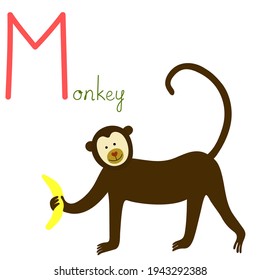 Educational Cartoon Vector Illustration Hand drawn English letter M. Alphabet with monkey. Animal Character for children design.