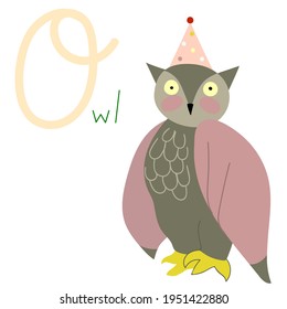 Educational Cartoon Vector Illustration Hand drawn English letter o. Alphabet with owl. Animal Character for children design.