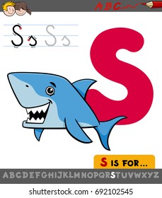 Educational Cartoon Vector Illustration of Letter S from Alphabet with Shark Fish Animal Character for Children 