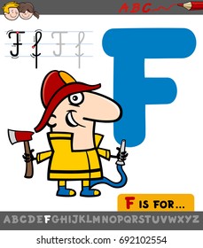 Educational Cartoon Vector Illustration of Letter F from Alphabet with Fireman Character for Children 