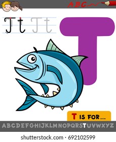 Educational Cartoon Vector Illustration of Letter T from Alphabet with Tuna Fish Animal Character for Children 