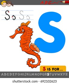 Educational Cartoon Vector Illustration of Letter S from Alphabet with Seahorse Animal Character for Children 