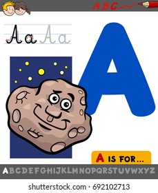 Educational Cartoon Vector Illustration of Letter A from Alphabet with Asteroid Character for Children 