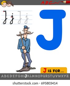 Educational Cartoon Vector Illustration of Letter J from Alphabet with Janitor Character for Children 